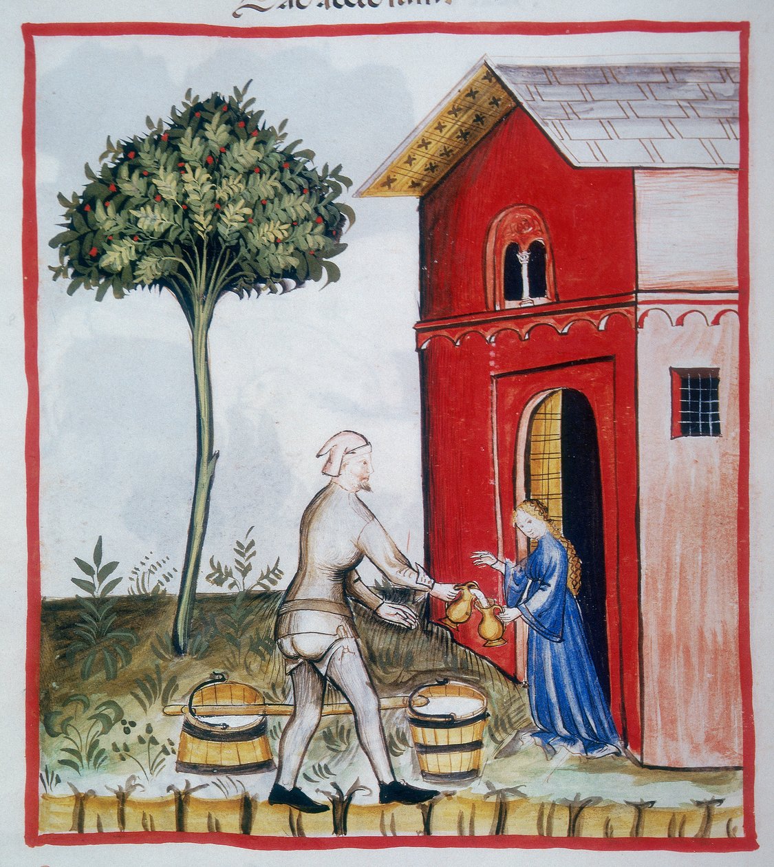 Hapanmaidon myynti (c.59v), Tacuinum Sanitatis, Codex Vindobonensis Series Nova 2644 tekijältä Italian School