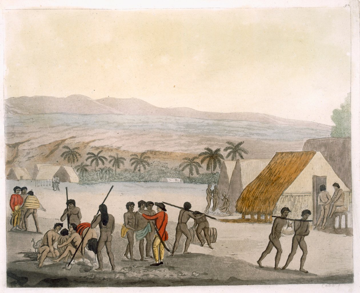 Sandwich Islands - länsimaalainen neuvottelee kaupoista, levy 92 Le Costume Ancien et Modernesta, Jules Ferrario, julkaistu noin 1820-30-luvulla tekijältä Italian School
