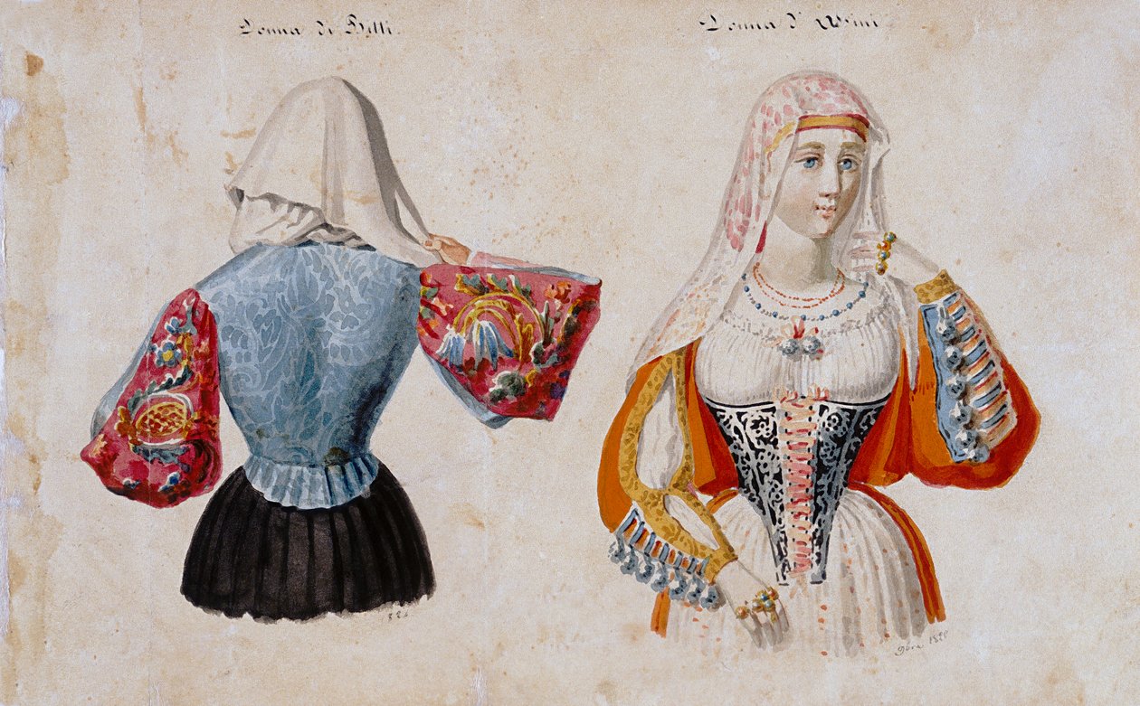 Sardinialaiset asut Bittiltä ja Osinilta, painatus ms. 257, Cominotti Collection tekijältä Italian School