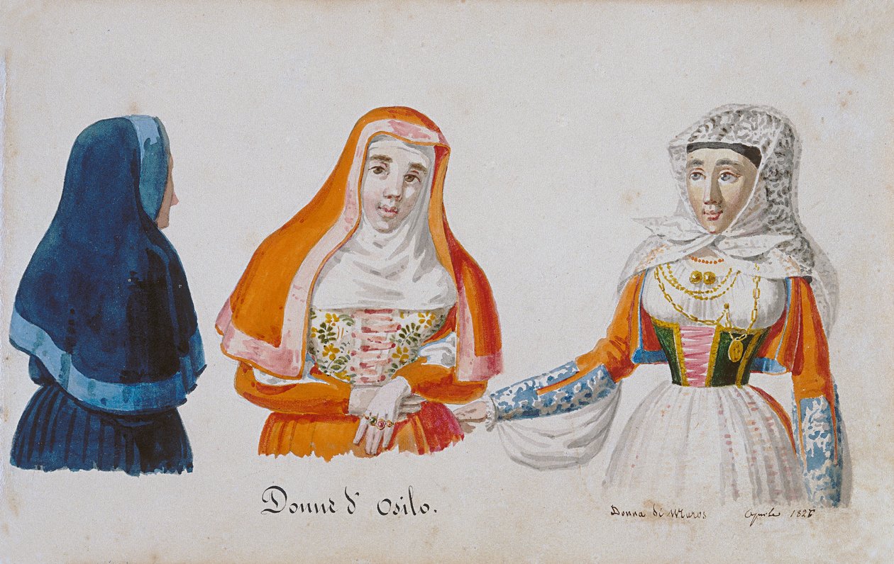 Sardinialaiset asut Osilolta ja Milisiltä, painatus ms. 258, Luzzetti Collection tekijältä Italian School