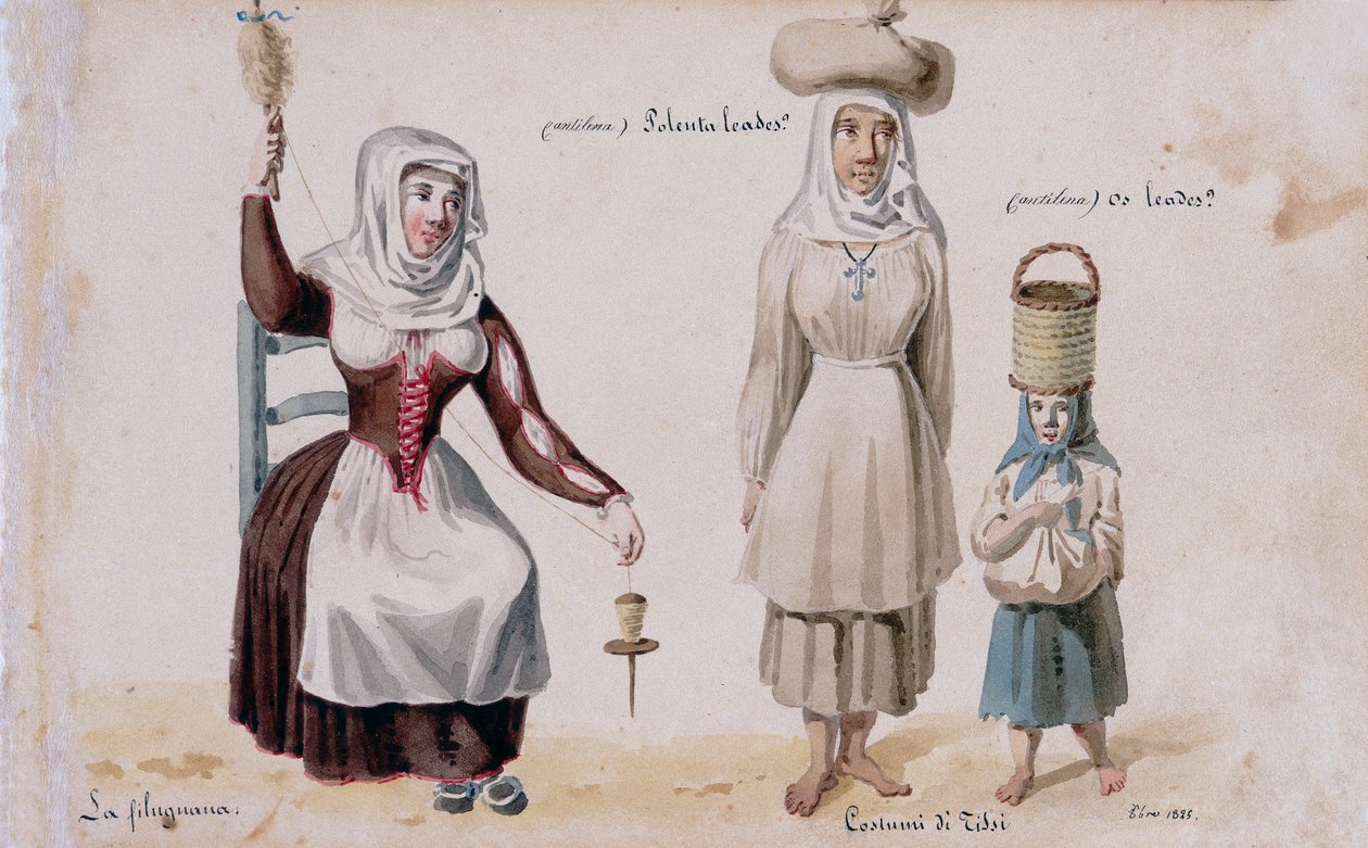 Sardinialaiset puvut Tissiltä, printti ms. 257, Cominotti Collection tekijältä Italian School