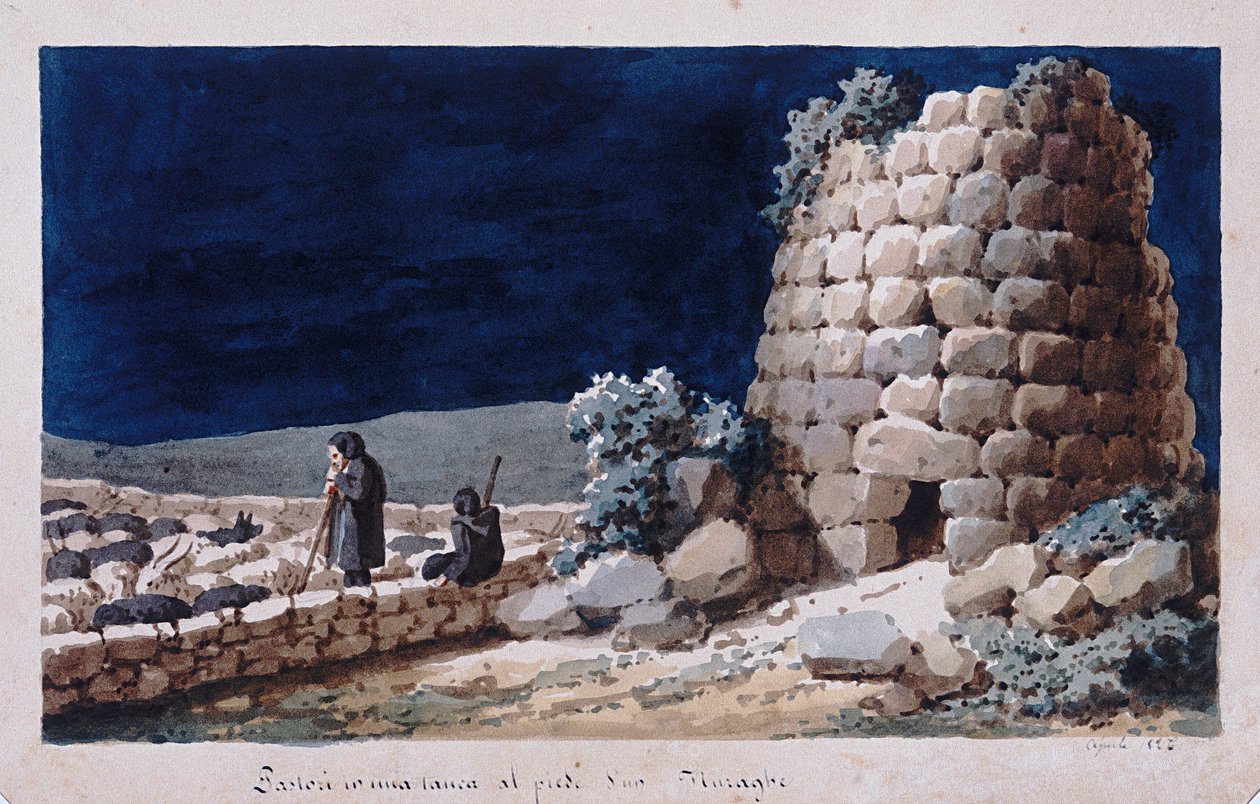 Sardinianpaimenet lähellä nuraghea, tulosta ms. 257, Cominotti Collection, n.1825 tekijältä Italian School