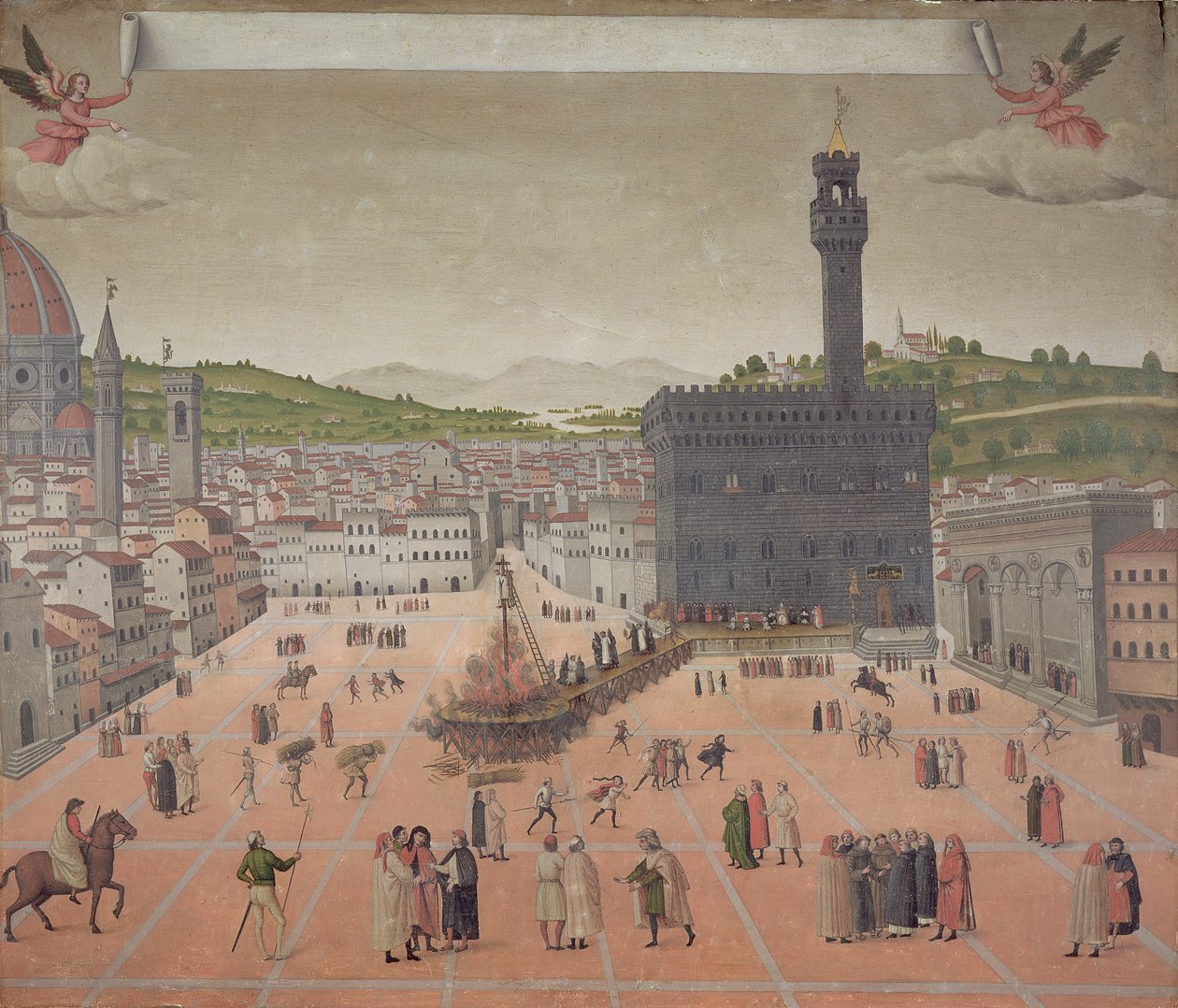 Savonarola poltetaan roviolla, Piazza della Signoria, Firenze (öljy paneelissa) tekijältä Italian School