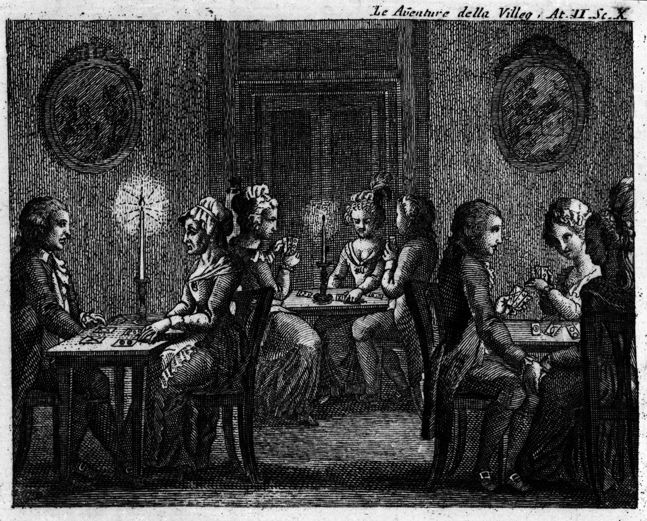Carlo Goldonin (1707-1793) sarjakuvan "" Avventure della villeggiatura" (Kaupungin seikkailut) (1756) II näytöksen 10. kohtaus: pelipöydät. Kaiverrus 1700-luvulta tekijältä Italian School