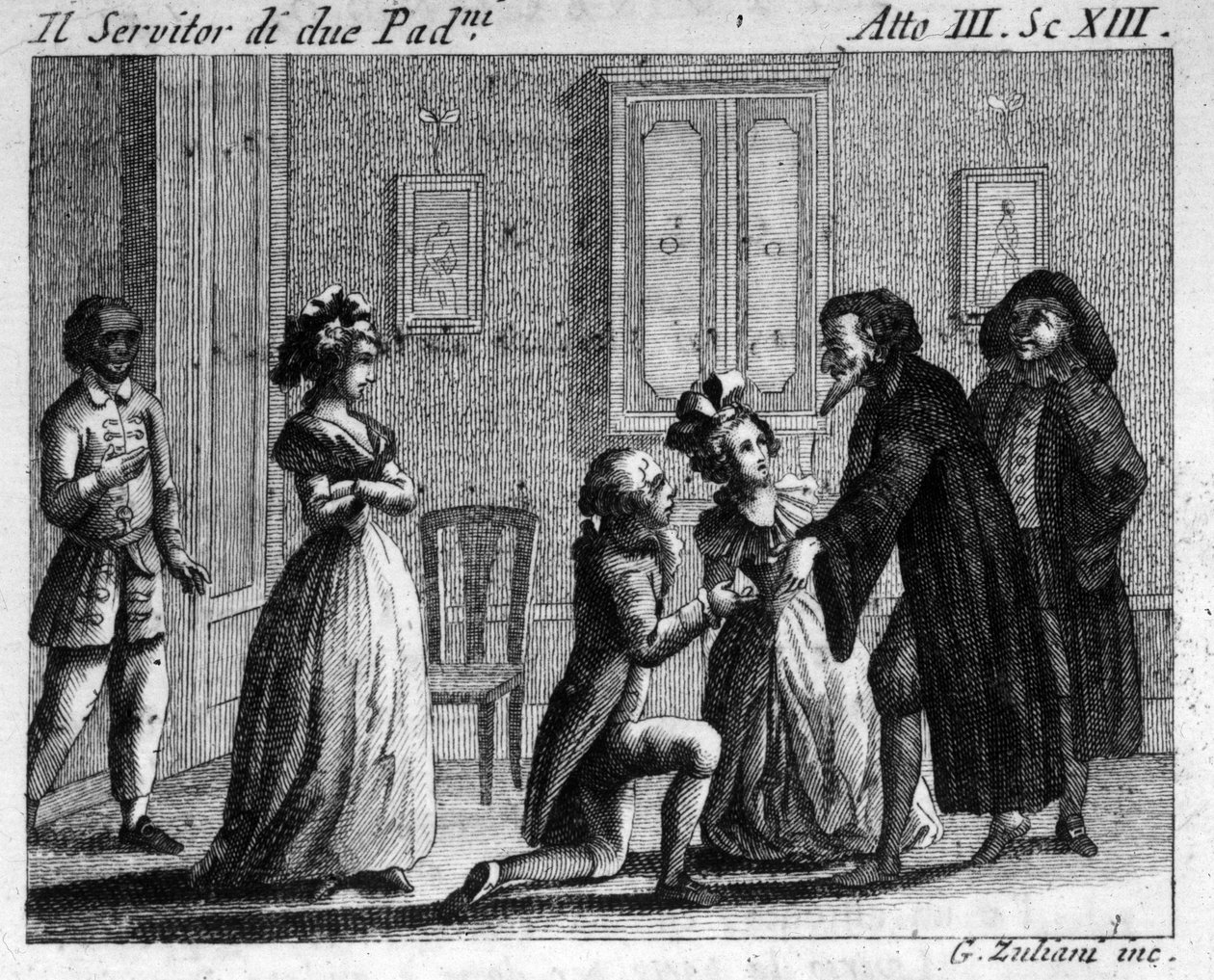 Carlo Goldonin (1707-1793) sarjakuvan Arlecchino servitore di due padroni (Kahden herran arlekiinipalvelija) (1745) III näytöksen 13. kohtaus. Kaiverrus 1700-luvulta tekijältä Italian School