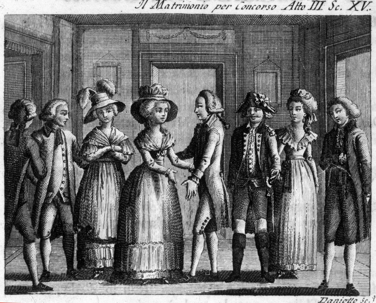 Carlo Goldonin (1707-1793) sarjakuvan Il matrimonio per concorso III näytöksen 15. kohtaus. Kaiverrus 1700-luvulta. tekijältä Italian School