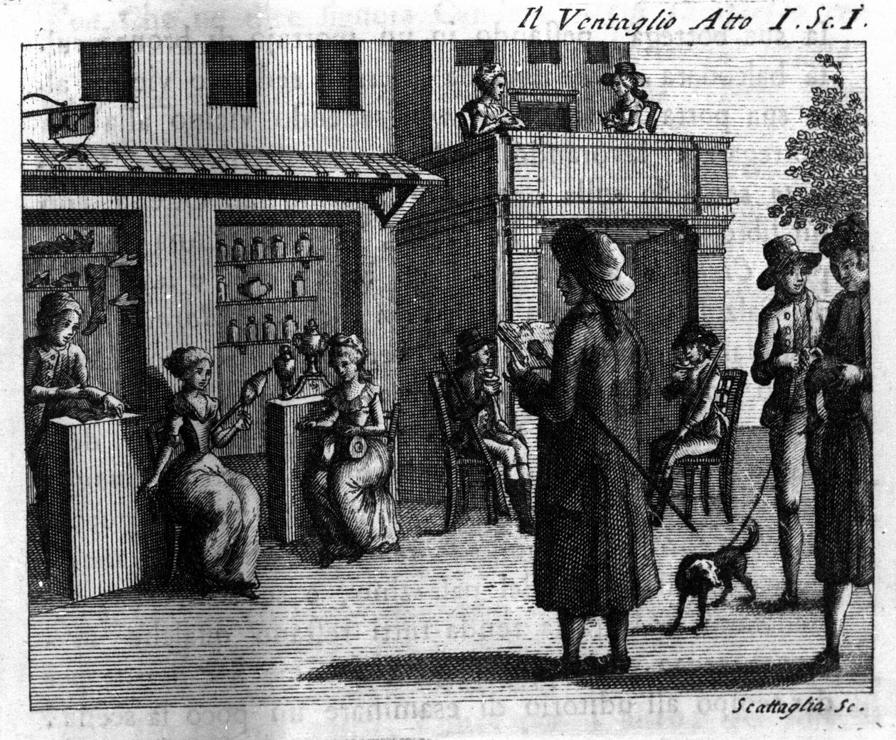 Carlo Goldonin (1707-1793) sarjakuvan Il ventaglio (Tapahtuma) (1764) 1. näytös. Kaiverrus 1700-luvulta tekijältä Italian School