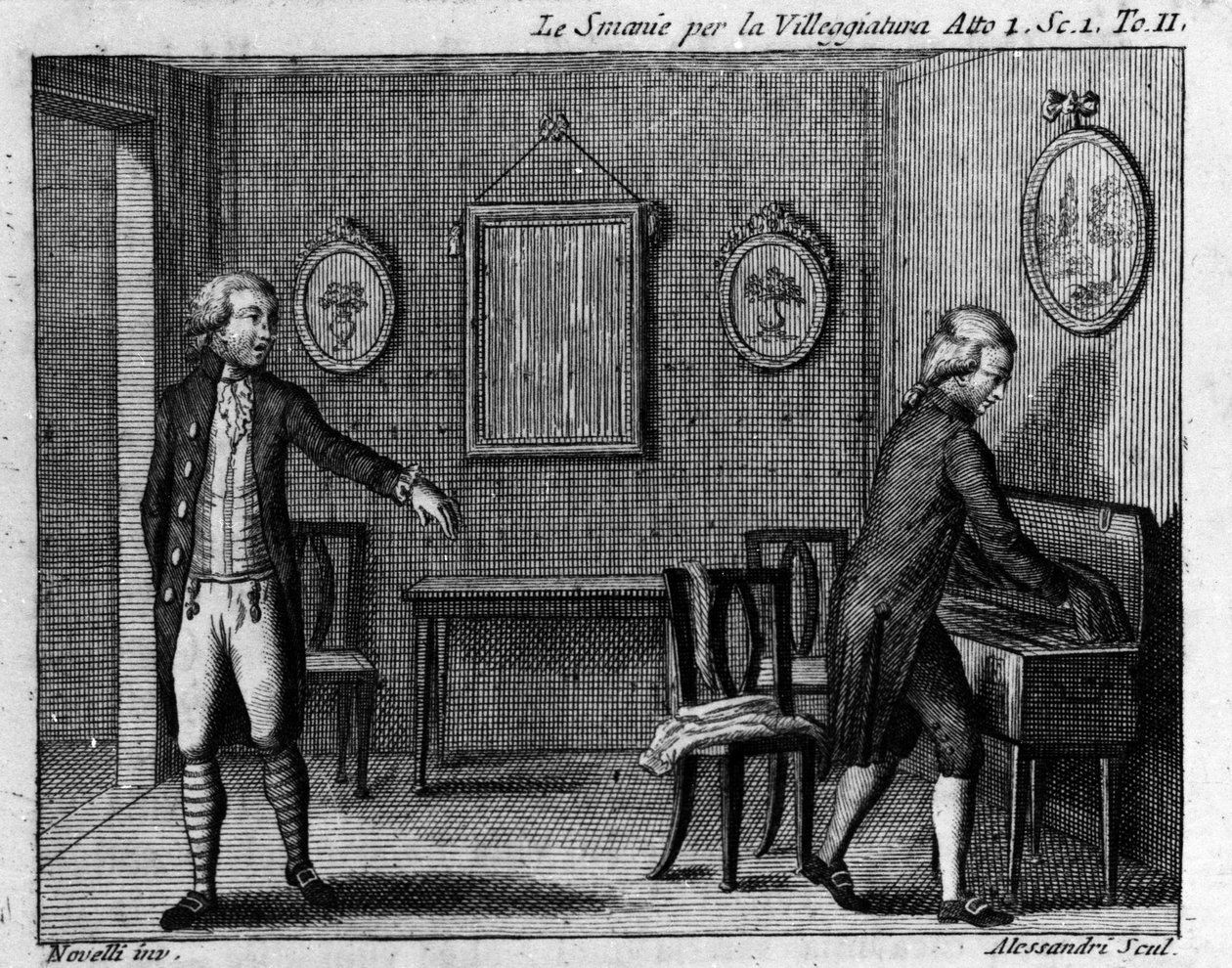 Carlo Goldonin (1707-1793) sarjakuvan "" Le smanie per la villeggiatura" (La ville) (1761) 1. näytös. Kaiverrus 1700-luvulta. tekijältä Italian School