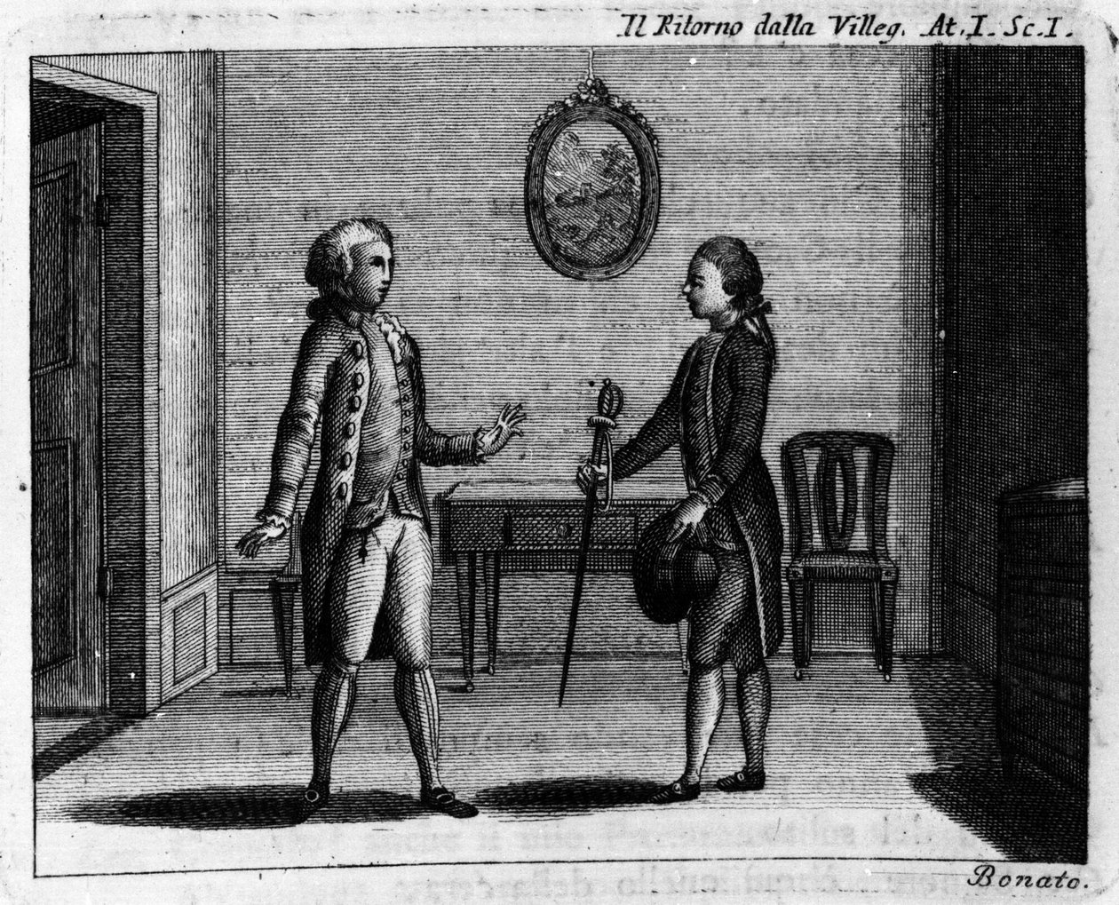 Carlo Goldonin (1707-1793) sarjakuvan "" Ritorno della villeggiatura" (Kaupungin paluu) (1761) 1. näytös. Kaiverrus 1700-luvulta tekijältä Italian School