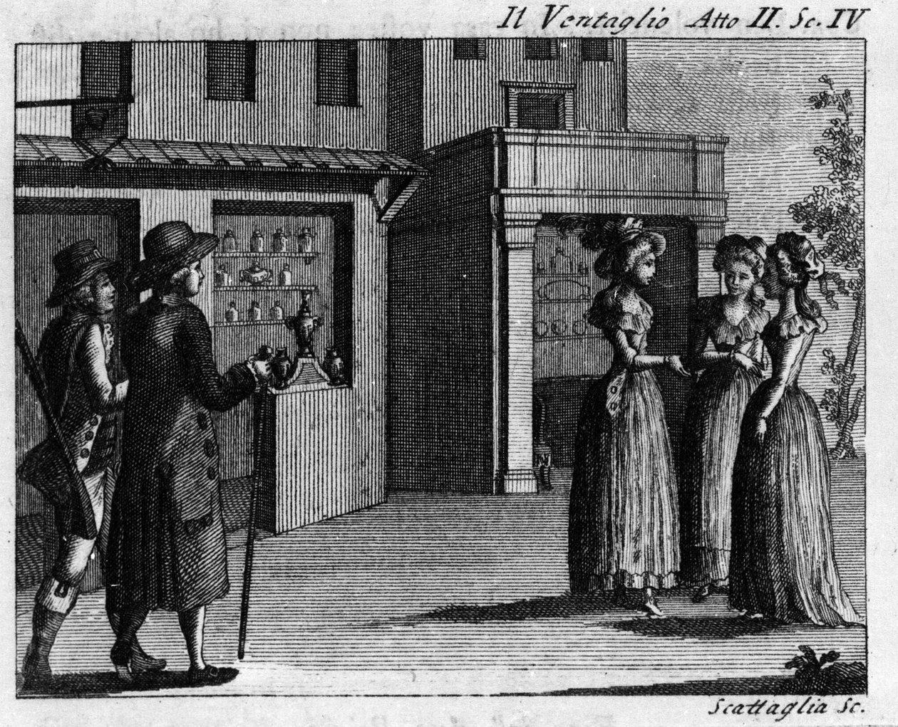 Carlo Goldonin (1707-1793) sarjakuvan ”” Il ventaglio” (Tapahtuma) (1764) II näytöksen 4 kohtaus. Kaiverrus 1700-luvulta tekijältä Italian School