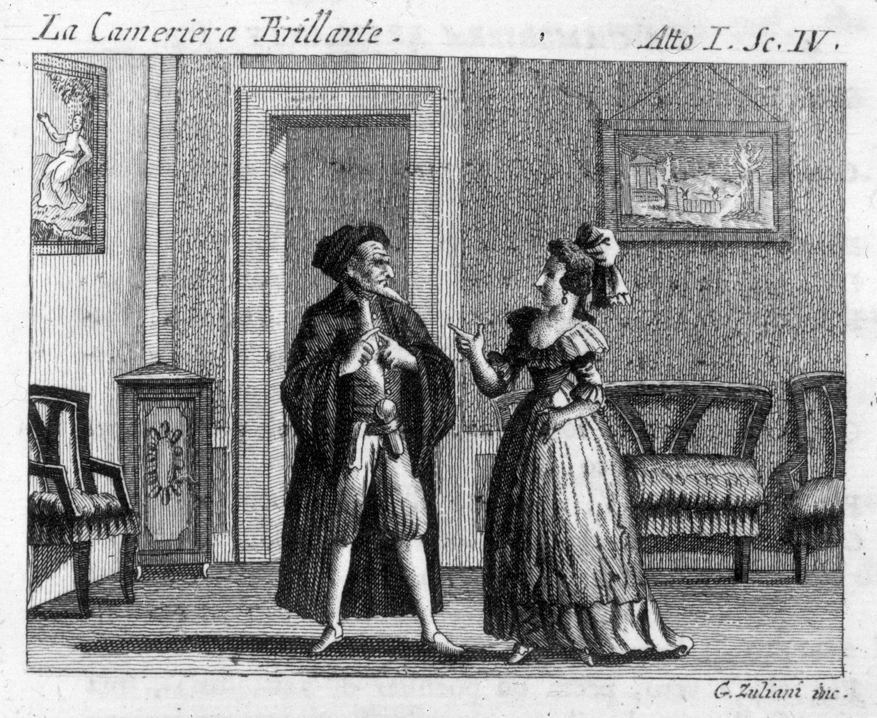 Carlo Goldonin (1707-1793) sarjakuvan "" La cameriera brillante" (Loistava piika) (1754) I näytöksen 4 kohtaus: pelipöydät. Kaiverrus 1700-luvulta tekijältä Italian School