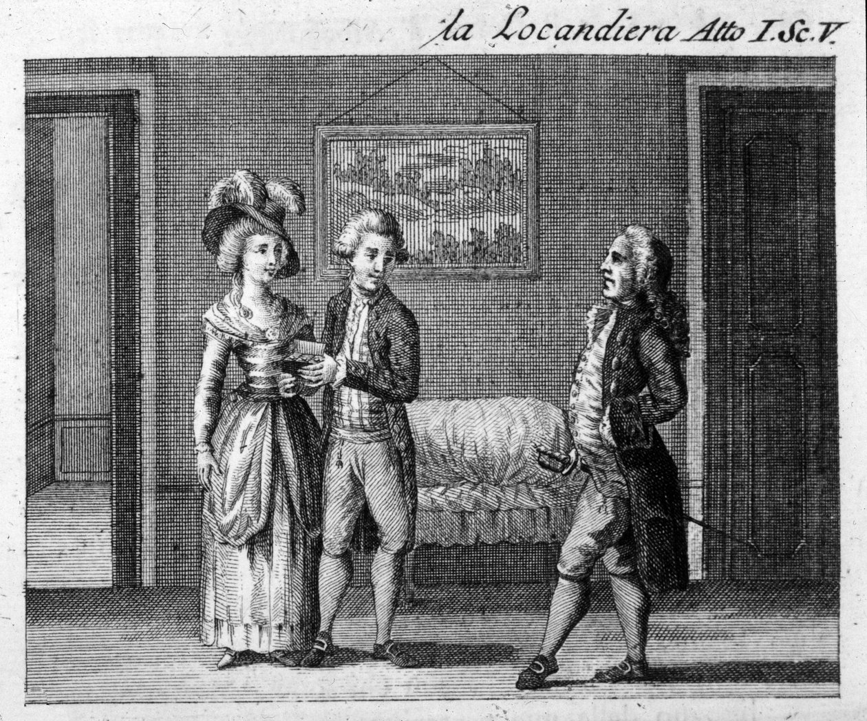 Carlo Goldonin (1707-1793) teoksen "La locandiera" (1753) I näytöksen 5 kohtaus. Kaiverrus 1700-luvulta tekijältä Italian School