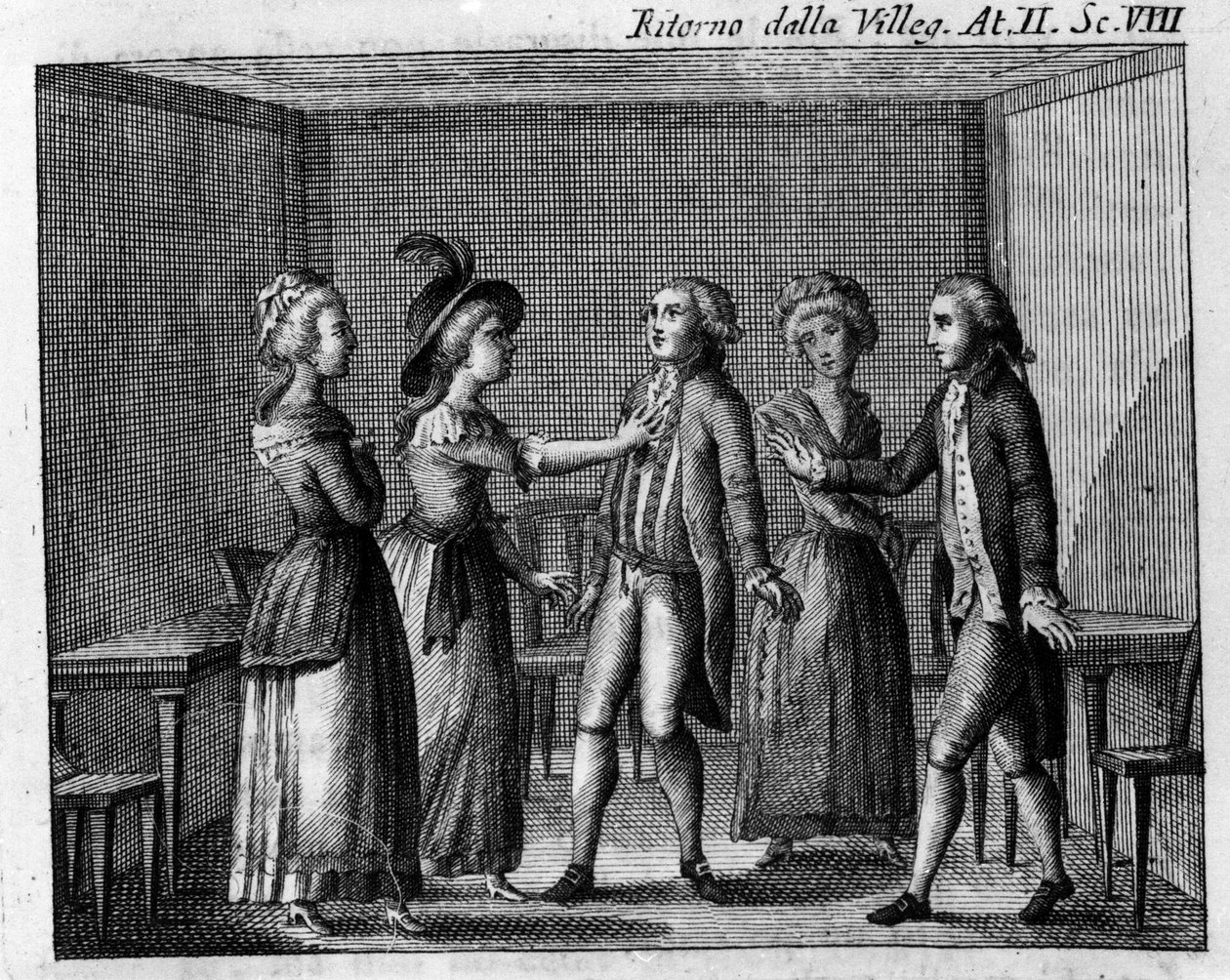 Carlo Goldonin (1707-1793) sarjakuvan "" Ritorno della villeggiatura" (Kaupungin paluu) (1761) II näytöksen 8. kohtaus. Kaiverrus 1700-luvulta tekijältä Italian School