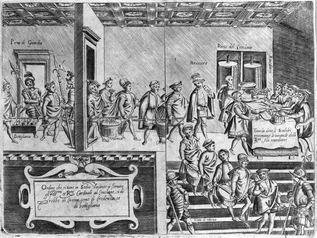 Kardinaalien palvelus konklaavin aikana. Kaiverrus ”Ooppera”, gastronomiaa käsittelevä kirja, joka on jaettu 6 osaan, Bartolomeo Scappi, paavi Pius V. Venetsian henkilökohtainen kokki tekijältä Italian School