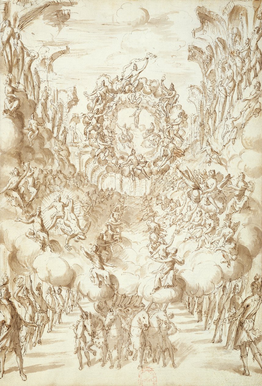 Lavastus oopperoihin San Salvatore -teatterissa Venetsiassa, 1675 (kynän ja musteen pesu paperille) tekijältä Italian School