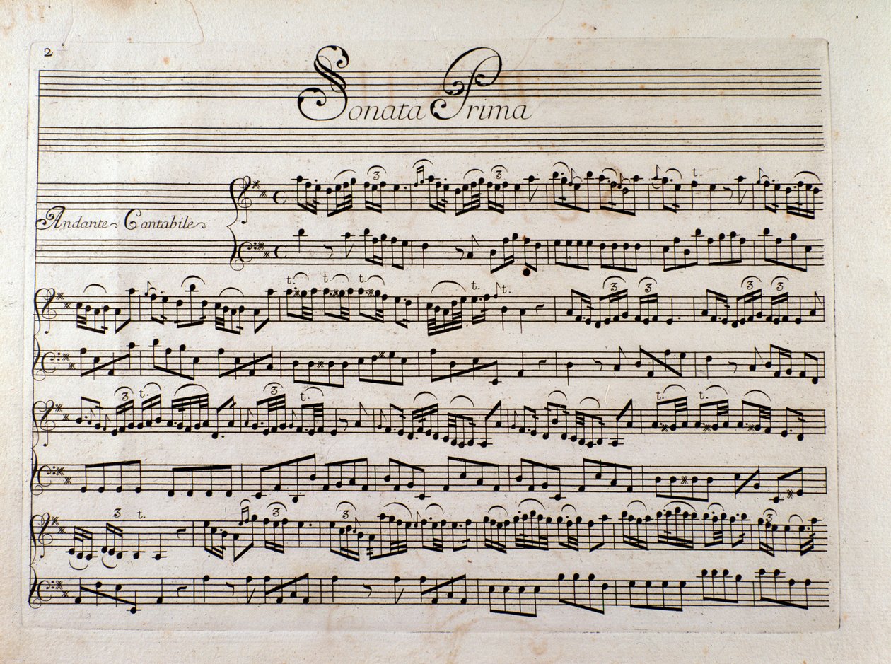 Nuotit sivu kappaleeseen "Sonaatti viululle ja bassolle jatkuu", kirjoittanut Giuseppe Tartini tekijältä Italian School