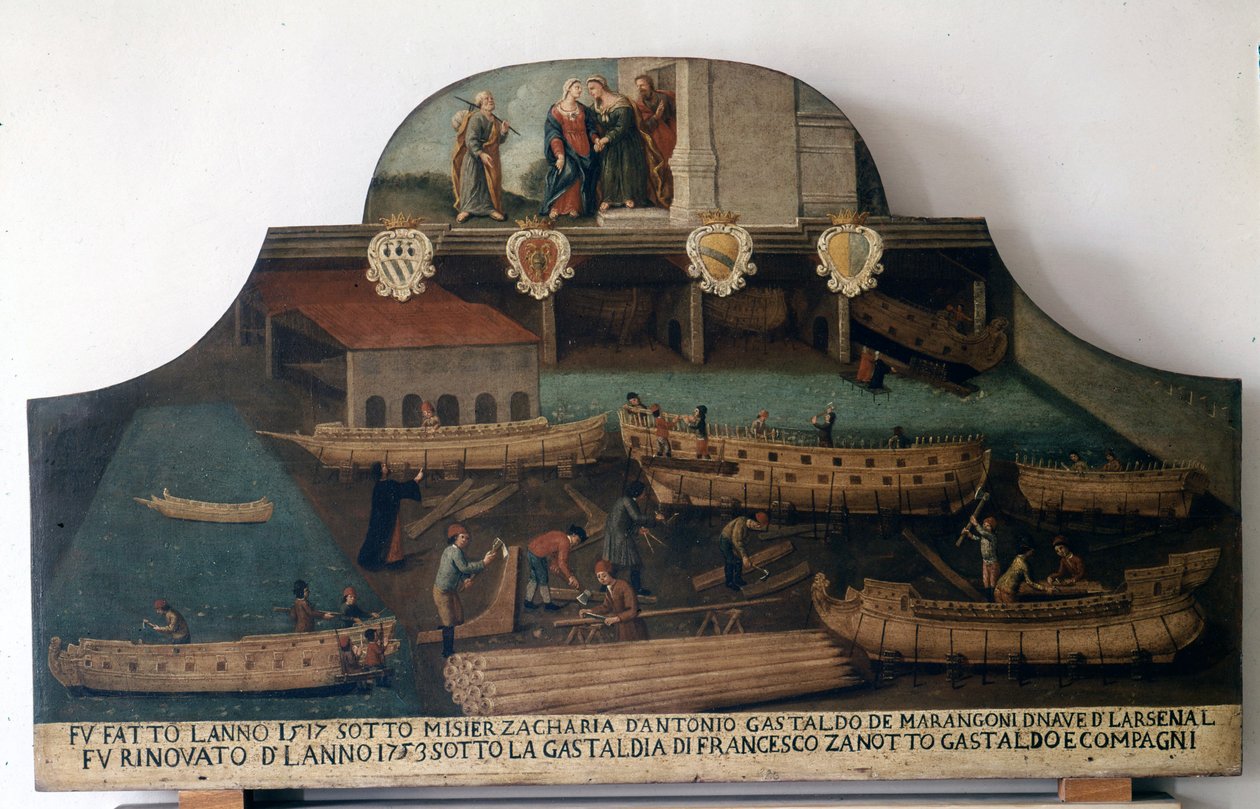 Laivanrakennus: vuonna 1517 rakennetut ja vuonna 1753 kunnostetut veneet. tekijältä Italian School