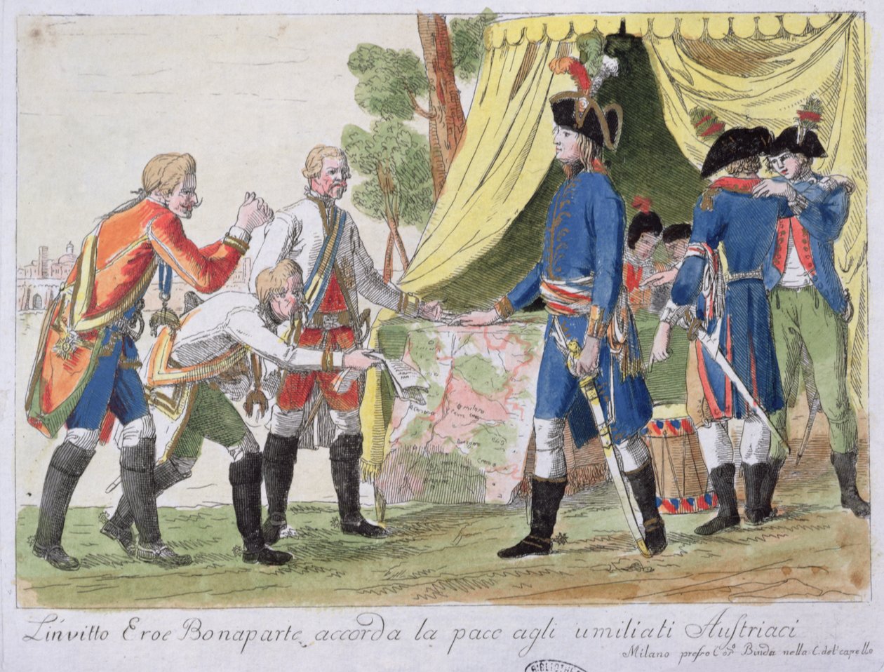 Ranskan (edustajana Bonaparte) ja Itävallan (edustajana Cobenzl) välinen Campo Formion sopimus allekirjoitettiin vuonna 1797 tekijältä Italian School