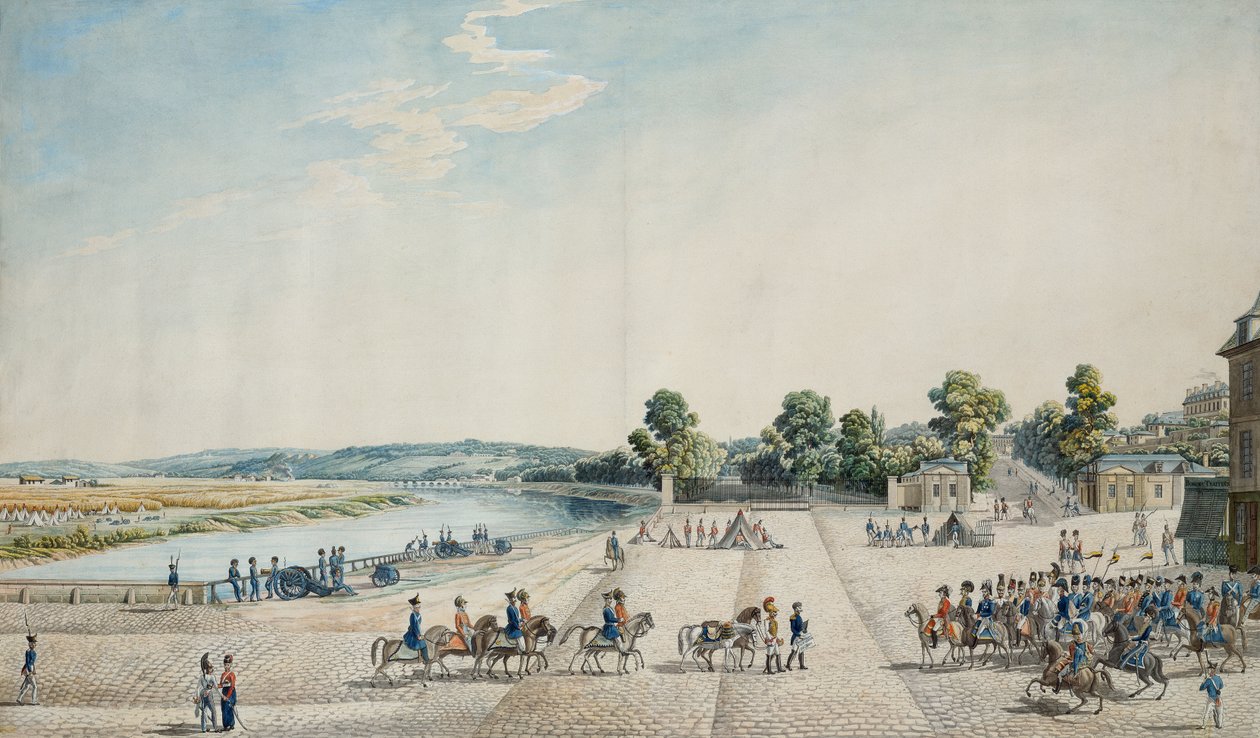 Pariisin antautumisen allekirjoitus Château de Saint-Cloudissa, 3. heinäkuuta 1815 (akvarelli) tekijältä Italian School