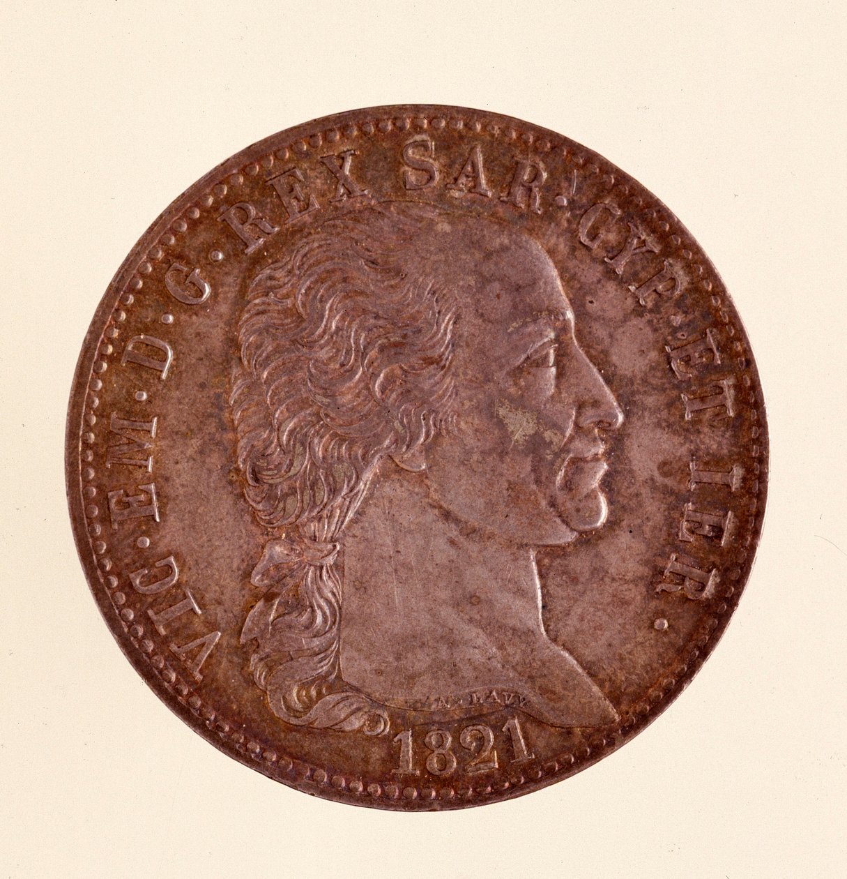 Italian hopeakolikko (ecu) Sardinian kuningaskunnasta: Vittorio Emanuele I:n (Victor Emmanuel I) hallituskausi (1759-1824). 1821. Halk. 3,8 cm Napoli, museo archeologico tekijältä Italian School