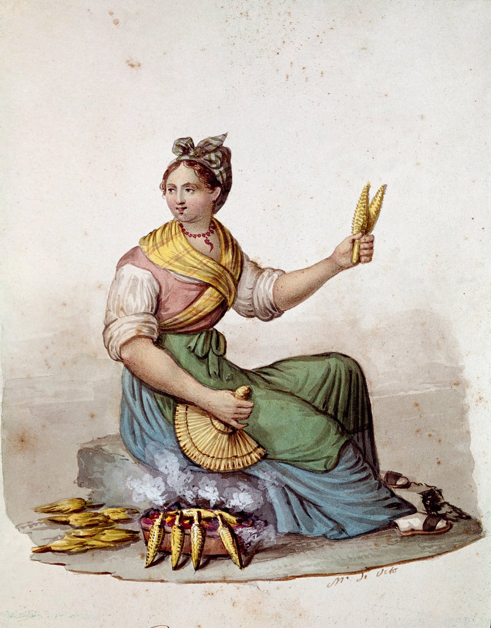 Pieni napolilainen ammatti: maissiritilöiden myyjä - (Vanha kauppa: grillatun maissin myyjä) Akvarelli 1800-luvun Museo Nazionale di San Martino Napoli tekijältä Italian School