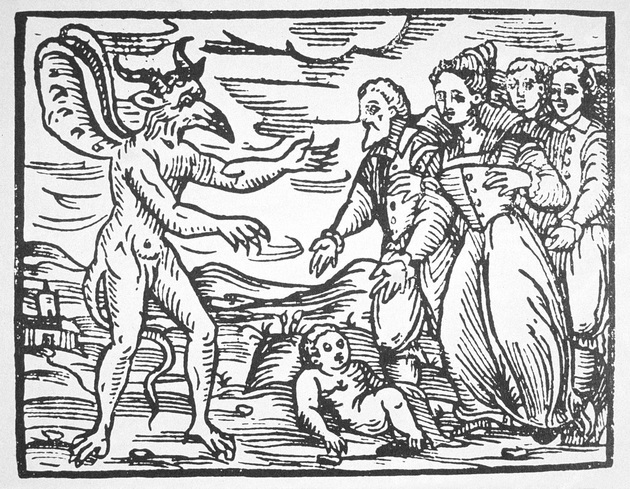 Noidat esittelevät lasta paholaiselle, Fr M Guacciuksen (1608) Compendium Maleticarumista, joka on kuvattu 1800-luvun lopulla julkaistussa taikuuden historiassa tekijältä Italian School