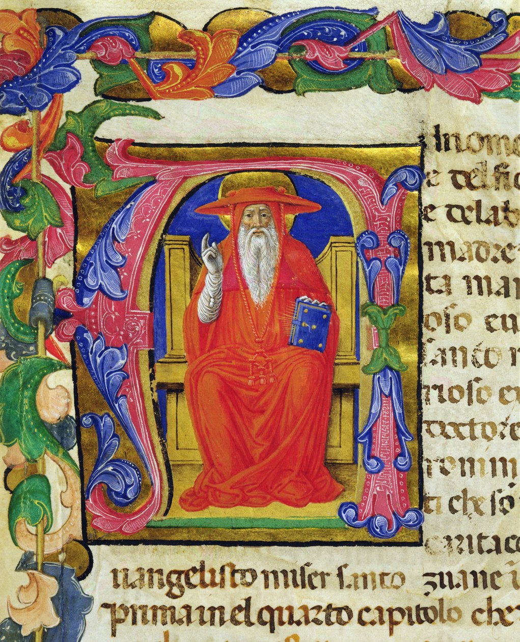 St. Jerome, St. Jeroman maallikkokillan Mariegolasta, n. 1400 (mustetta ja kultalehtiä perunakalvolla) tekijältä Italian School