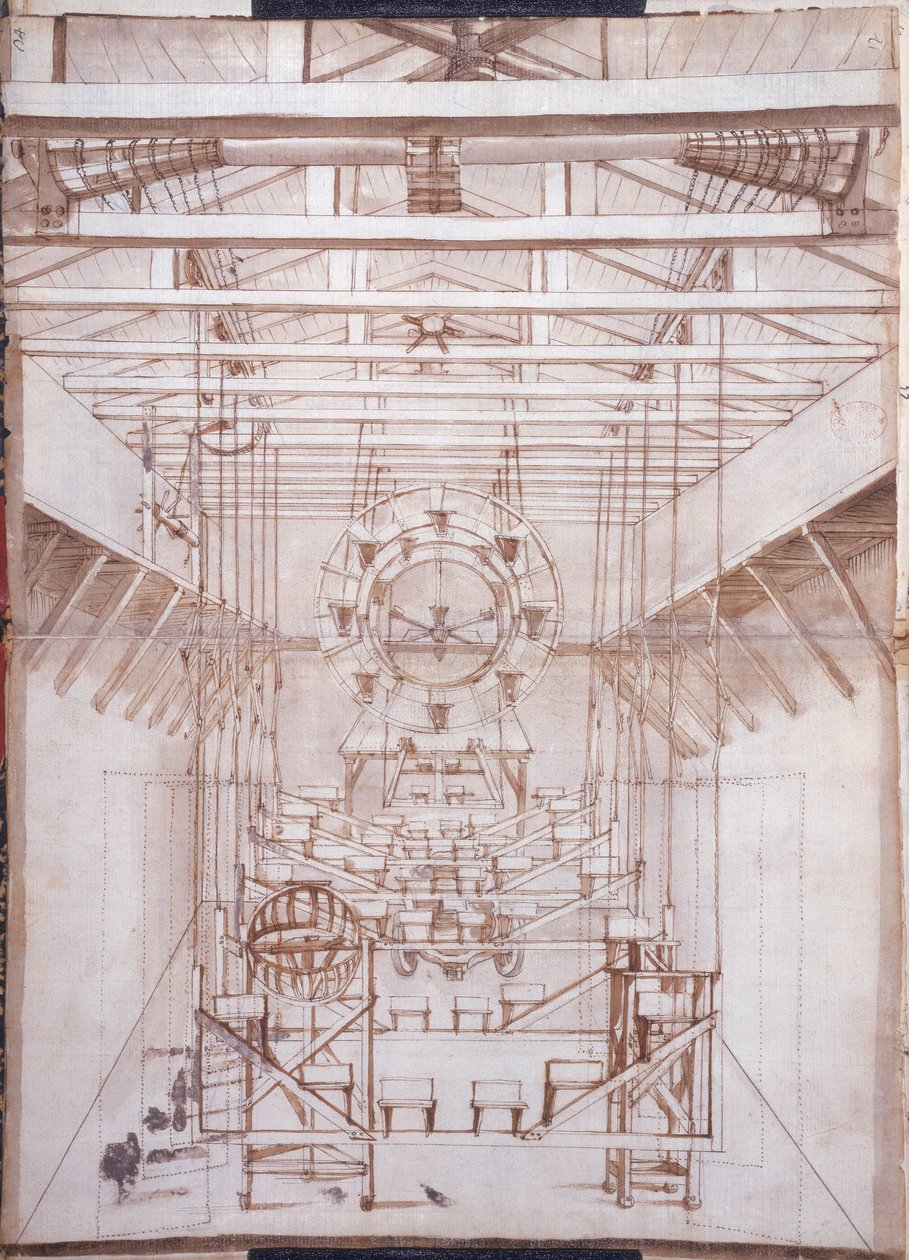Lavakoneet oopperoita varten San Salvatore -teatterissa Venetsiassa, 1675 (kynän ja musteen pesu paperille) tekijältä Italian School