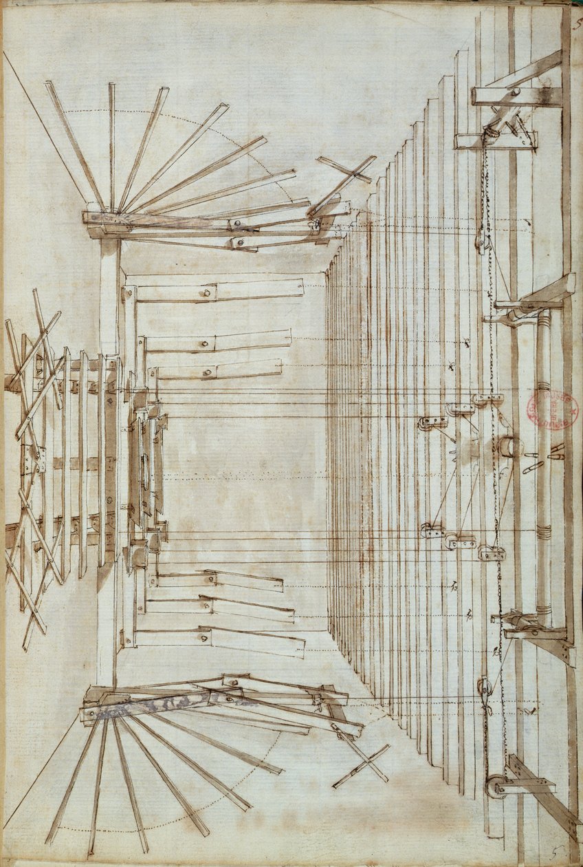 Lavakoneet oopperoita varten San Salvatore -teatterissa Venetsiassa, 1675 (kynän ja musteen pesu paperille) tekijältä Italian School