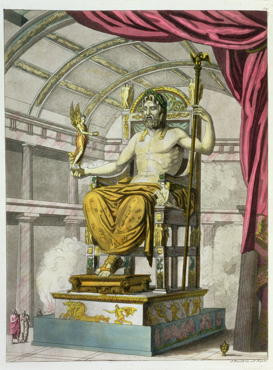 Jupiterin patsas temppelissä, Costumi dei Romanista, kaiverrus Angelo Biasioli (1790-1830), n. 1805-20 (akvatinta) tekijältä Italian School