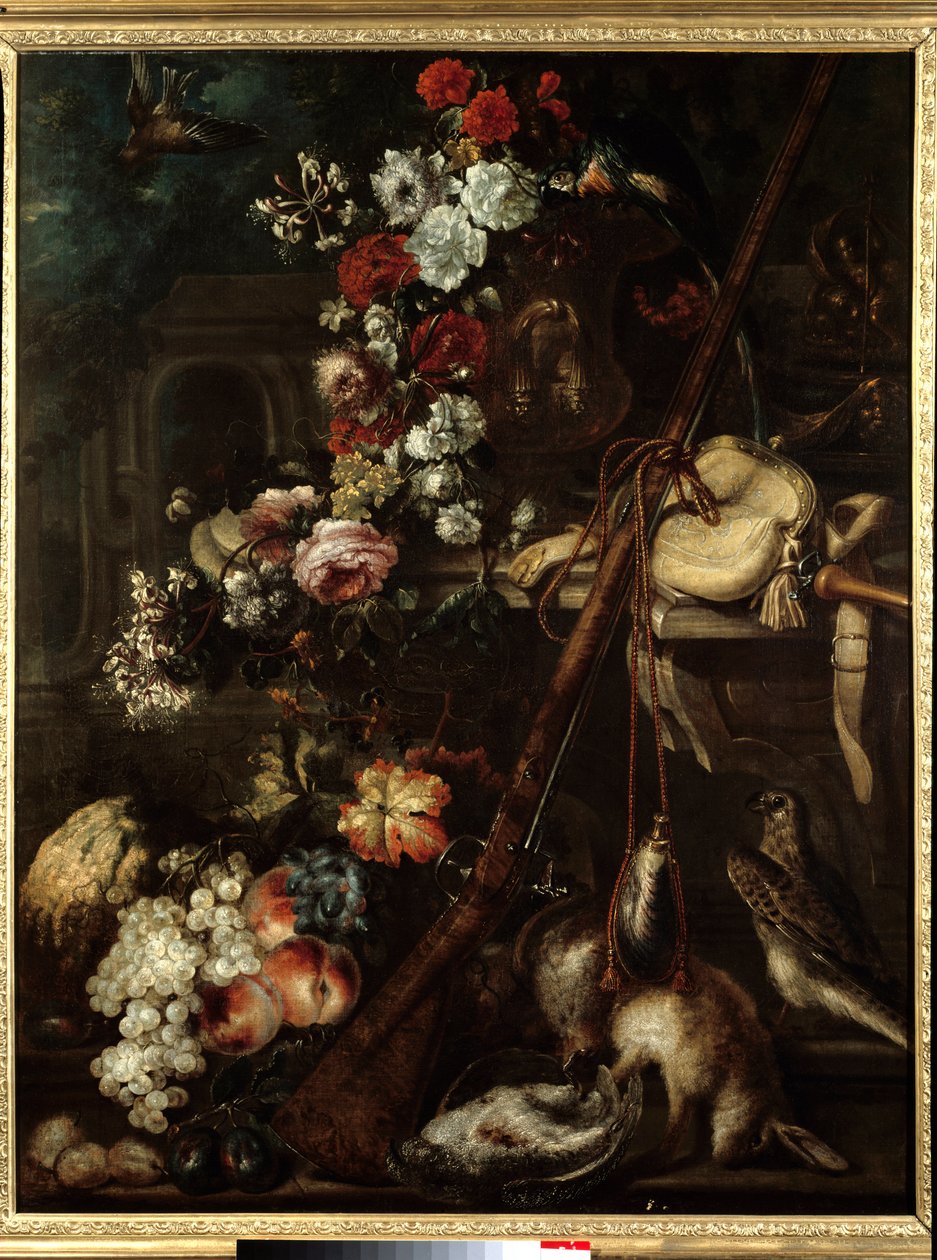 Kukkien asetelma, peli ja kivääri 1600-luvun Italian koulun maalaus - Aurinko 1,18x0,91 m Bayonne, Musee Bonnat tekijältä Italian School