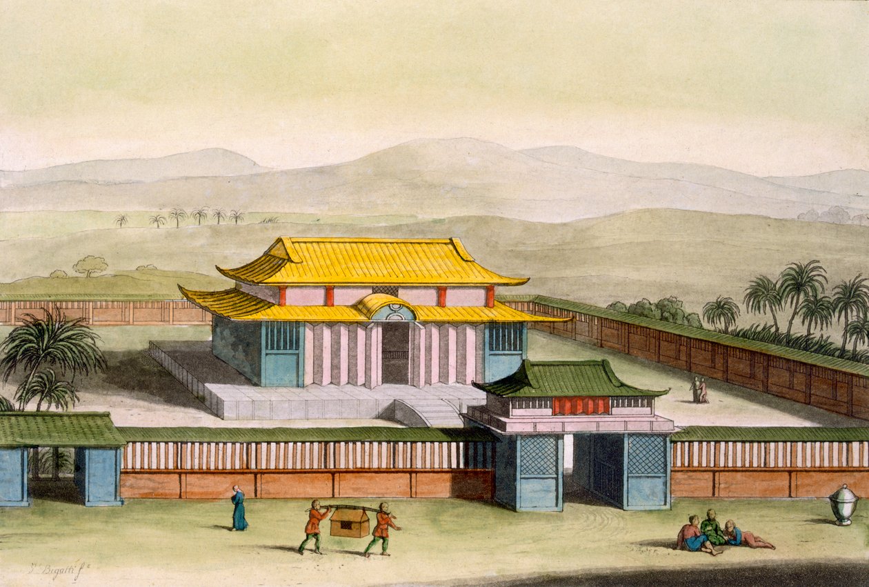 Daibodien temppeli maaseudulla sijaitsevassa rakennuksessa, Giulio Ferrarion Costume dei... -teoksesta, n. 1820-30-luku (käsinvärinen lito) tekijältä Italian School