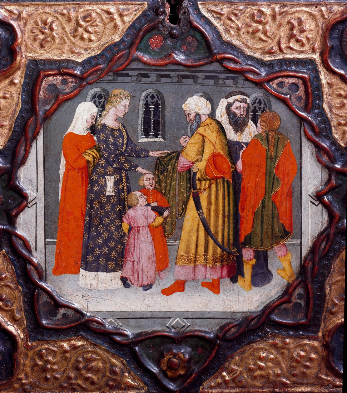 Kymmenes päivä, yhdeksäs uutinen: Messer Torellon ja Saladinin (1138-1193) päivä (Salah al Din Yusuf al-Ayyubi (al Ayyubi). Giovanni Boccaccion (Jean Boccaccio) (1313-1375) maalattu laatikko, joka kuvaa "Dekameronia" 1400-luvun Firenze, Museo Nazionale del tekijältä Italian School