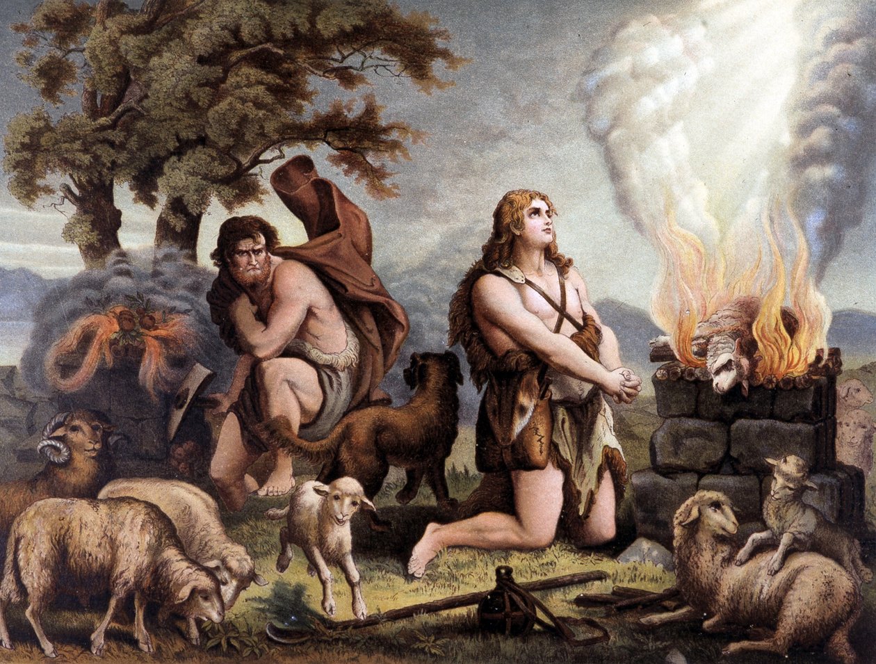 Karitsan palvonta (Kain ja Abel) - Cain et Abel (uhraamassa lampaan) teoksessa "Golden Classic Bible: History of Divine Revelation in the Ancient and New Tension", kirjoittanut Giovanni Ladislao Sykora (osa 1), kääntänyt Don Clemente Benetti. (Italia tekijältä Italian School