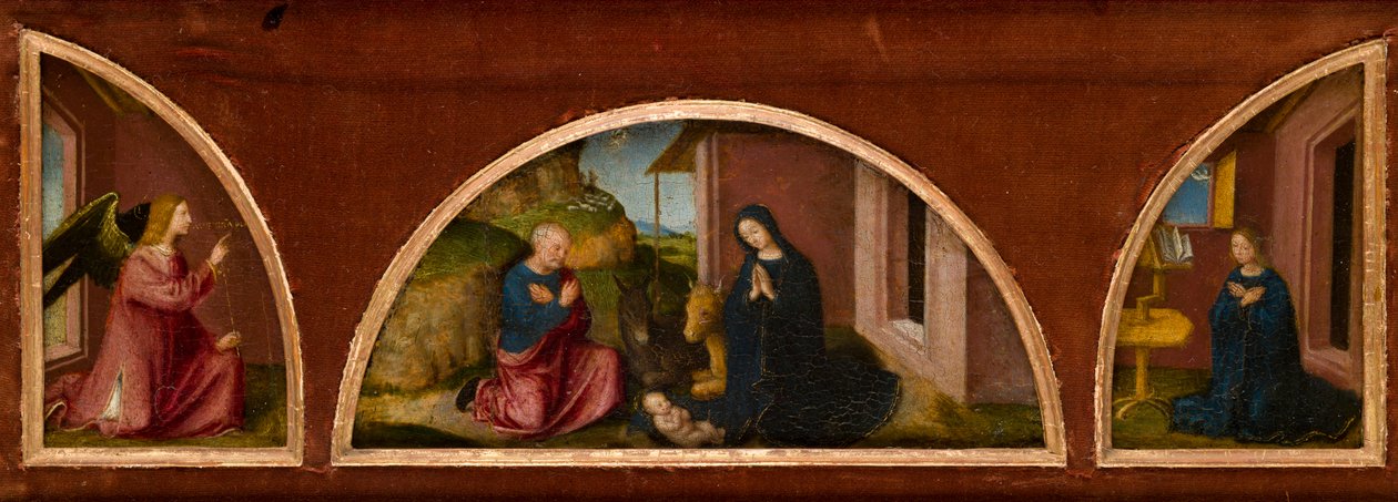 Annunciation (demi-lunettes vasemmalla ja oikealla) ja Nativity (keskilunnetti) yhdessä kehyksessä, n. 1480 (öljy paneelissa) tekijältä Italian School