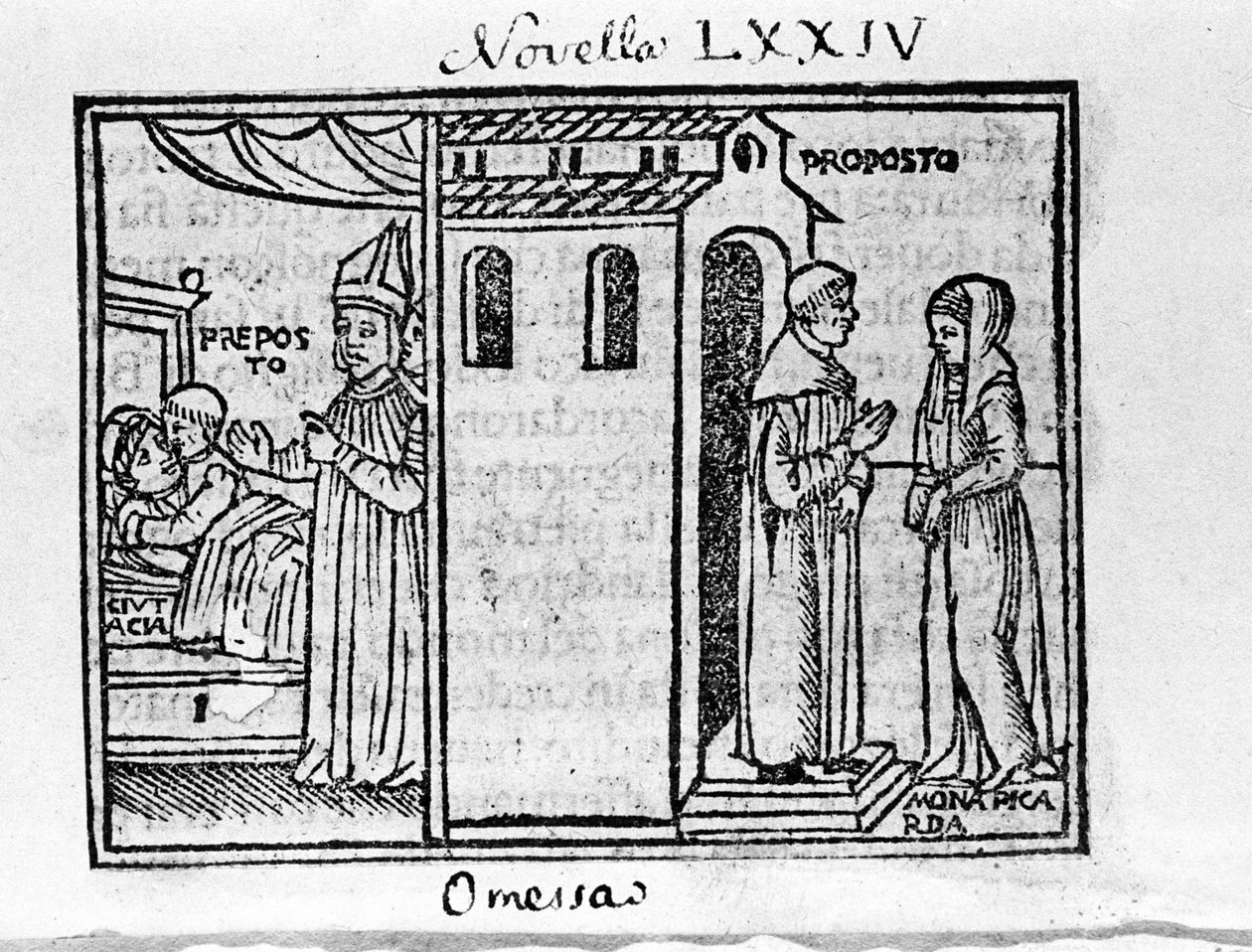 Firenzen arkkipappi yllättyi evequesta, kun hän tapasi naisen, jota hän rakastaa. Kuva italialaisen kirjailijan Giovanni Boccaccio dit Jean Boccaccion (1313-1375) "Decameronin" uutisille 74 (8. päivän uusi 4). Kaiverrus "" Decamerone o tekijältä Italian School