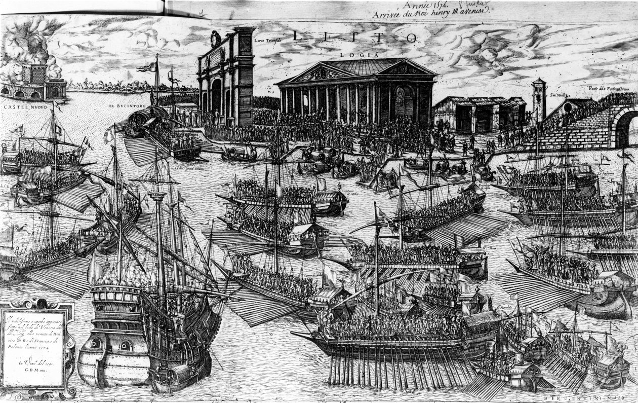 Ranskalaisen Henri III:n saapuminen Venetsian Lidoon 8. heinäkuuta 1574 1591 (etsaus) tekijältä Italian School