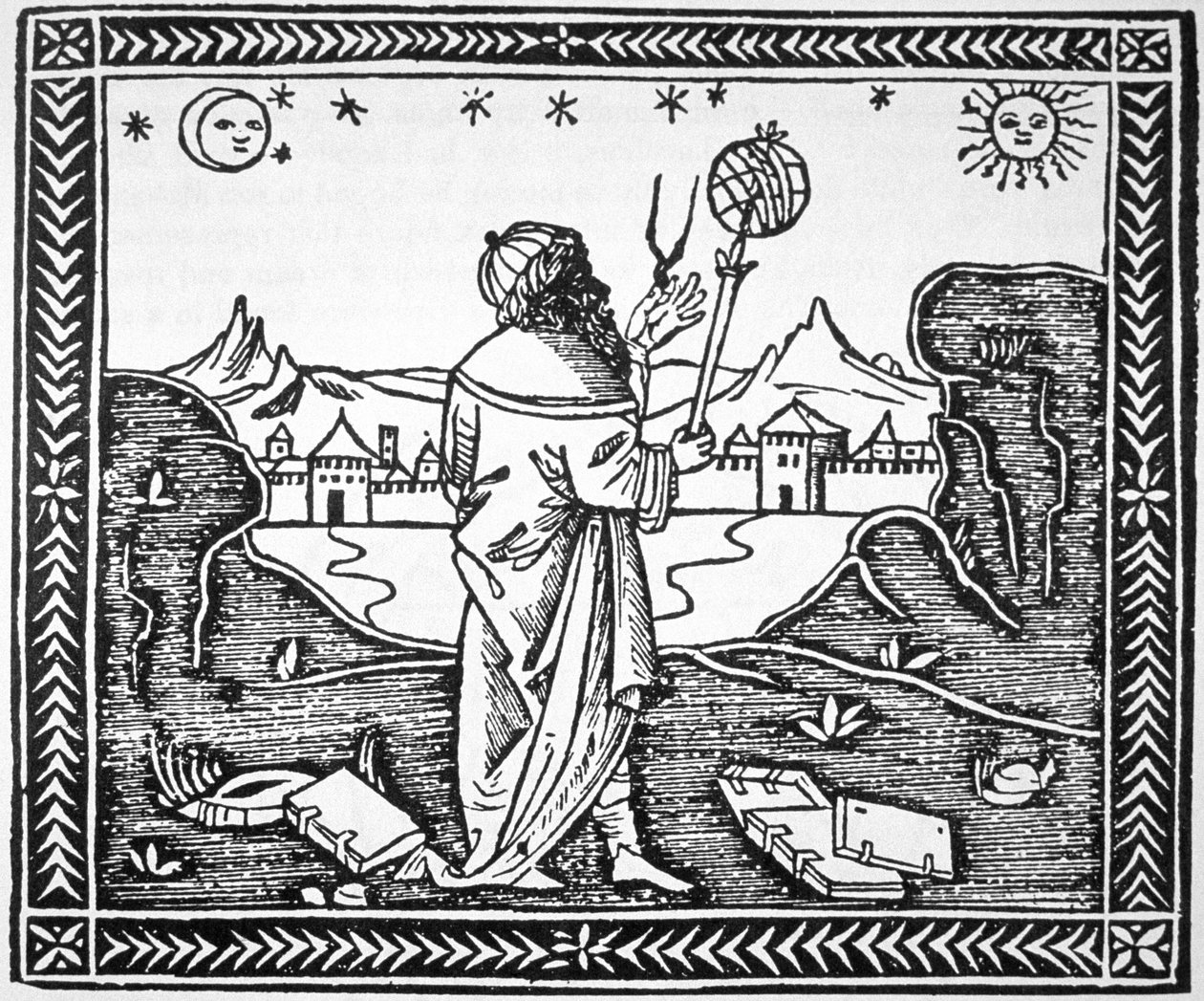 Astrologi Albumasar (787-885) kopio kuvasta hänen Introductorium introductoriumistaan Astronomiamissa, Venetsiassa 1506, jota käytettiin 1800-luvun lopulla julkaistussa Taikuuden historiassa. tekijältä Italian School