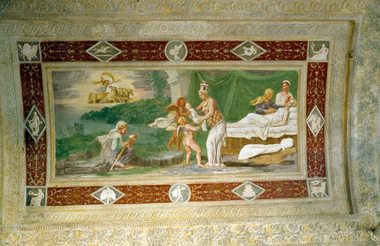 Memnonin syntymä, kattomaalaus Appartamento della Grotton (Salaisen puutarhan) loggiassa 1534 tekijältä Italian School