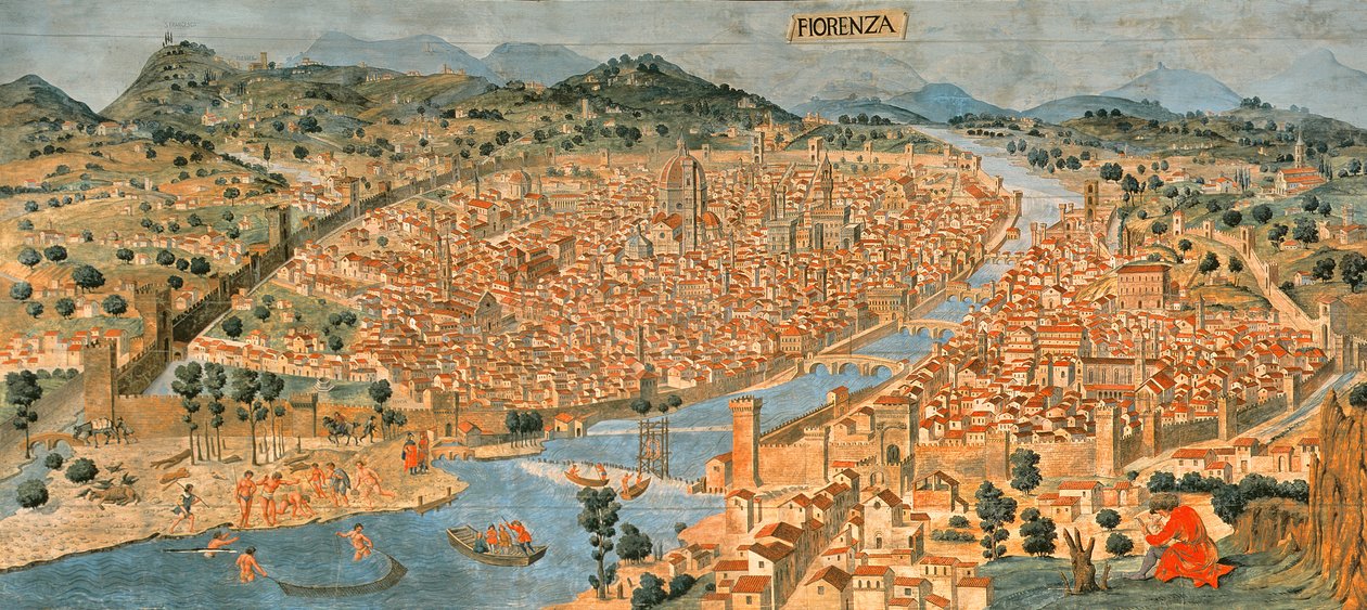 "Carta della Catena" näyttää panoraama Firenzeen tekijältä Italian School