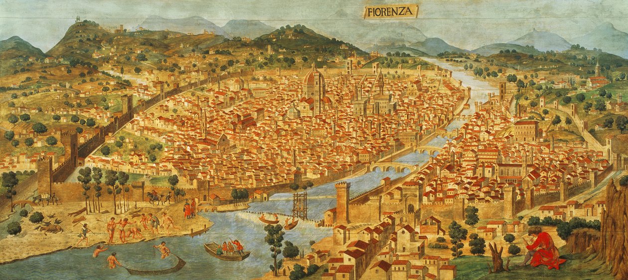 "Carta della Catena" näyttää panoraama Firenzeen tekijältä Italian School