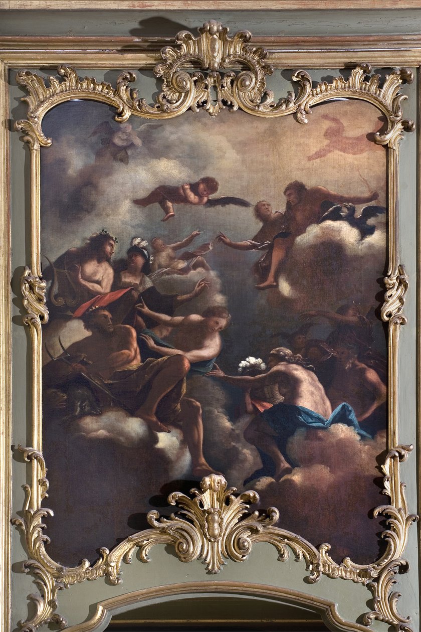 Jumalten neuvosto: Zeus Olympuksella ympäröi jumalia. Italian koulukunnan maalaus (1700-luku) tekijältä Italian School