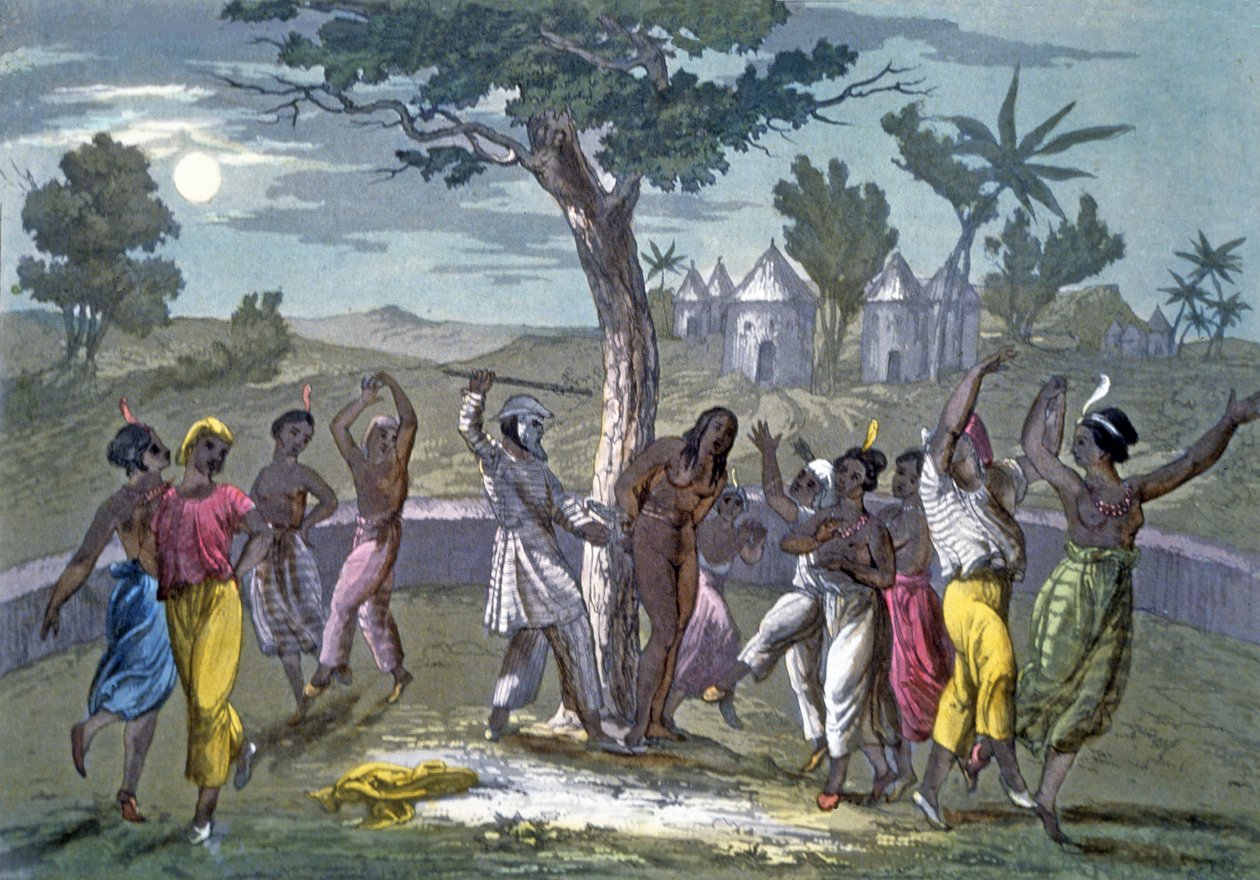 The Dance of the Mumbo-Jumbo, Mungo Parkin matkojen mukaan, J. Ferrarion pubista A History of Costume. noin 1820 tekijältä Italian School