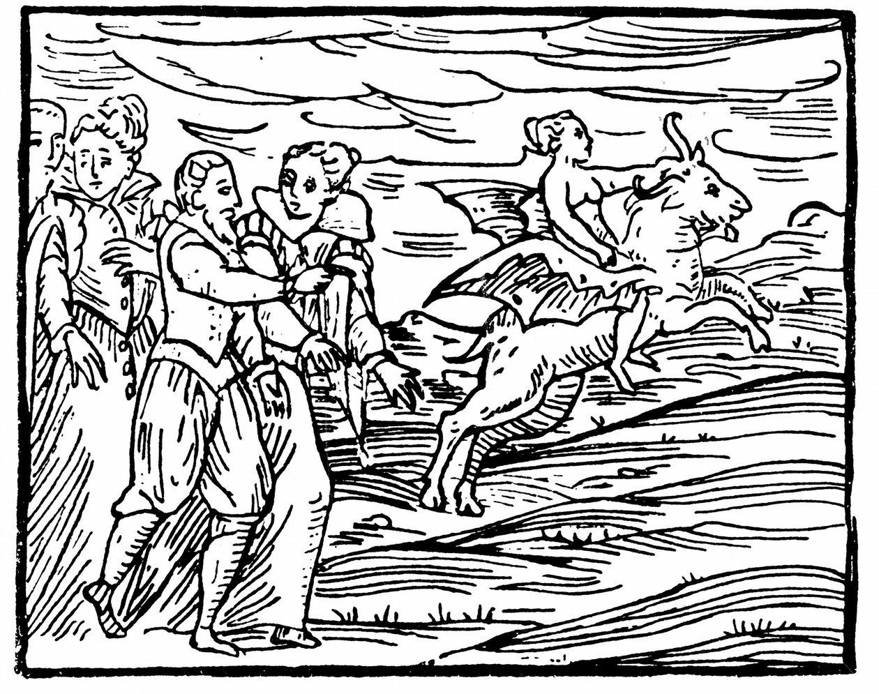 Paholainen, lentävän vuohen muodossa, kantamassa noitaa sapattiin, kuvitus Francesco Maria Guazzon Compendium Maleficarumista, 1608 tekijältä Italian School