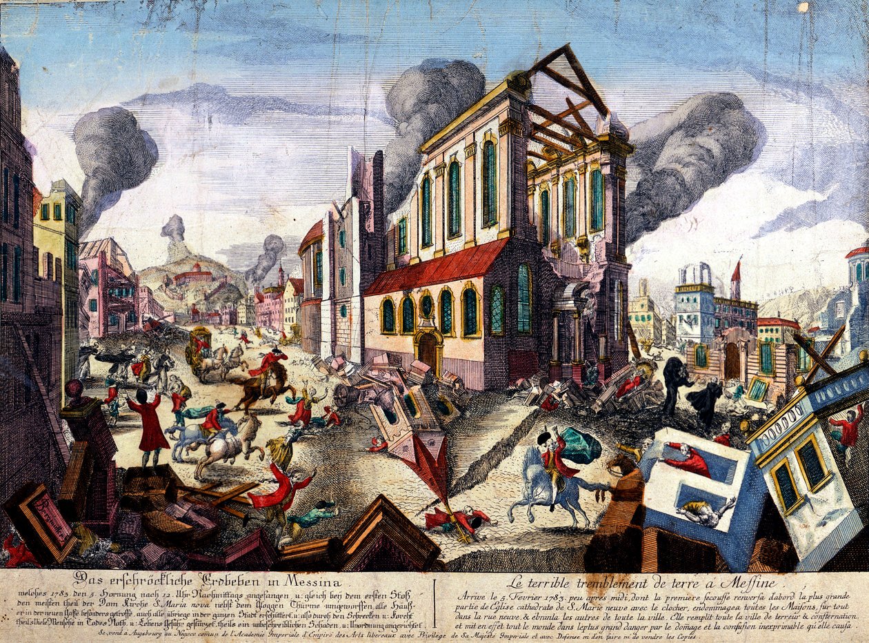 Messinan maanjäristys vuonna 1783 (värillinen kaiverrus) tekijältä Italian School