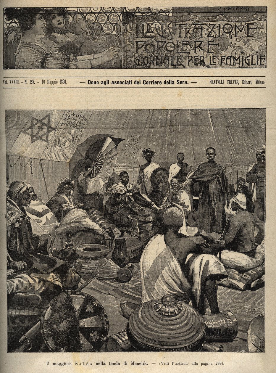 Ensimmäinen Italian ja Etiopian sota (1895-1896). Majuri Tommaso Salsa ja kapteeni Annibale Anghera Etiopian keisari Menelik II:n edessä (1844-1913) - kaiverrus "" suositusta kuvituksesta - sanomalehti perheille - 1896 - Rauhanneuvottelut tekijältä Italian School
