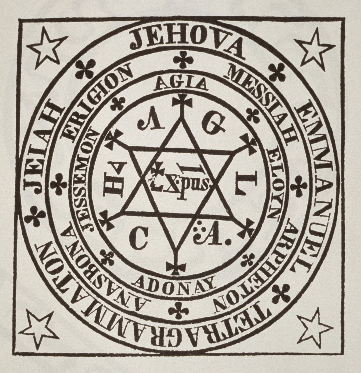 Agrippan suuri taikapiiri demonien herättämiseksi, kopio Les Oeuvres Magiques de Henri Corneille Agrippan piirroksesta, Rooma 1744, käytetty Taikuuden historiassa, julkaistu 1800-luvun lopulla tekijältä Italian School