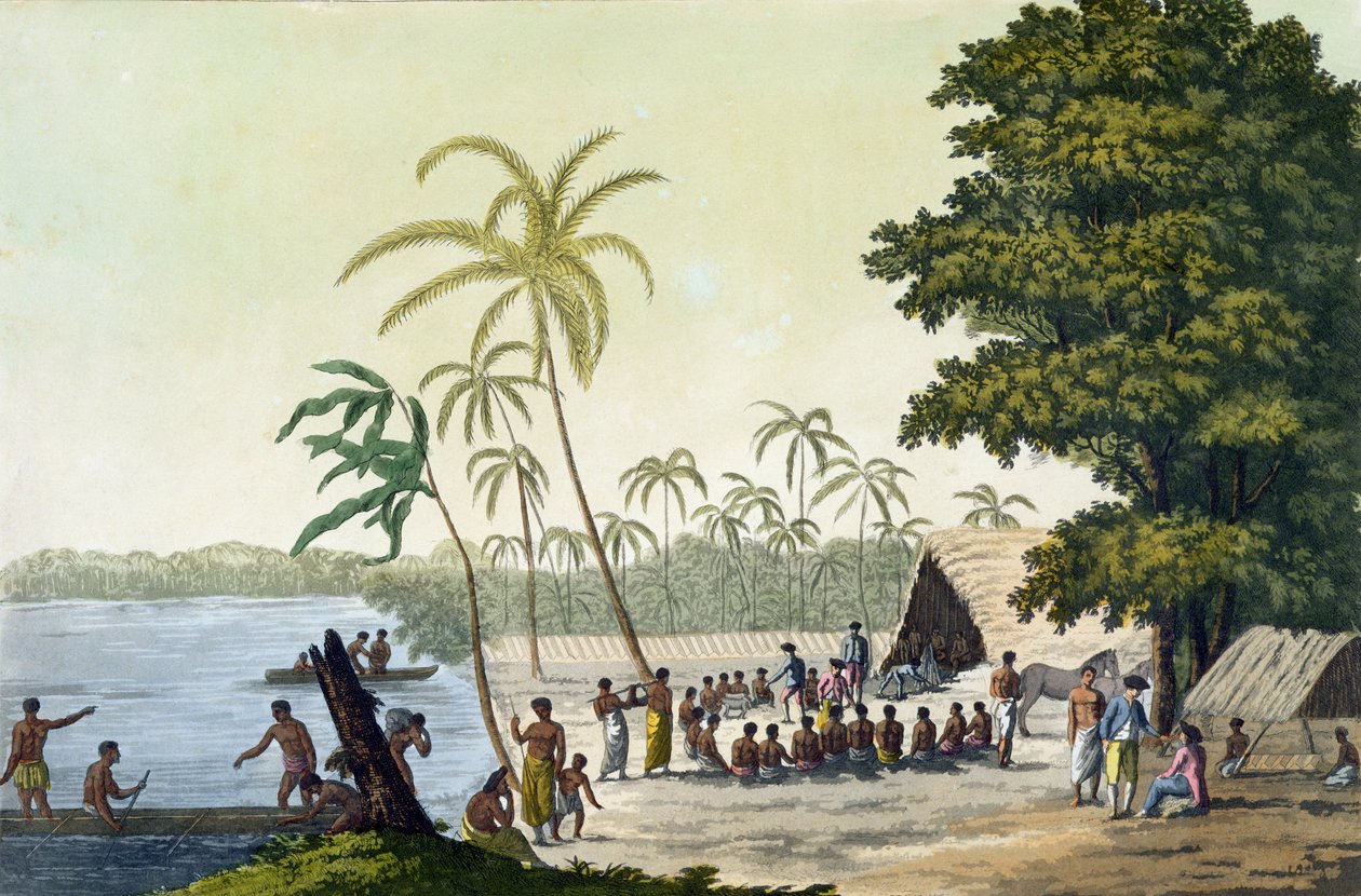 The Harbour at Anamooka, levy 82 Le Costume Ancien et Modernesta, Jules Ferrario, julkaistu noin 1820-30-luvulla tekijältä Italian School