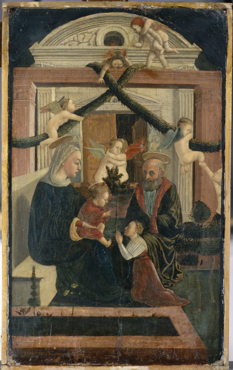 Pyhä perhe lahjoittajien kanssa rukouksessa ja enkeleitä leikkimässä, n. 1460 (tempera mäntyllä) tekijältä Italian School