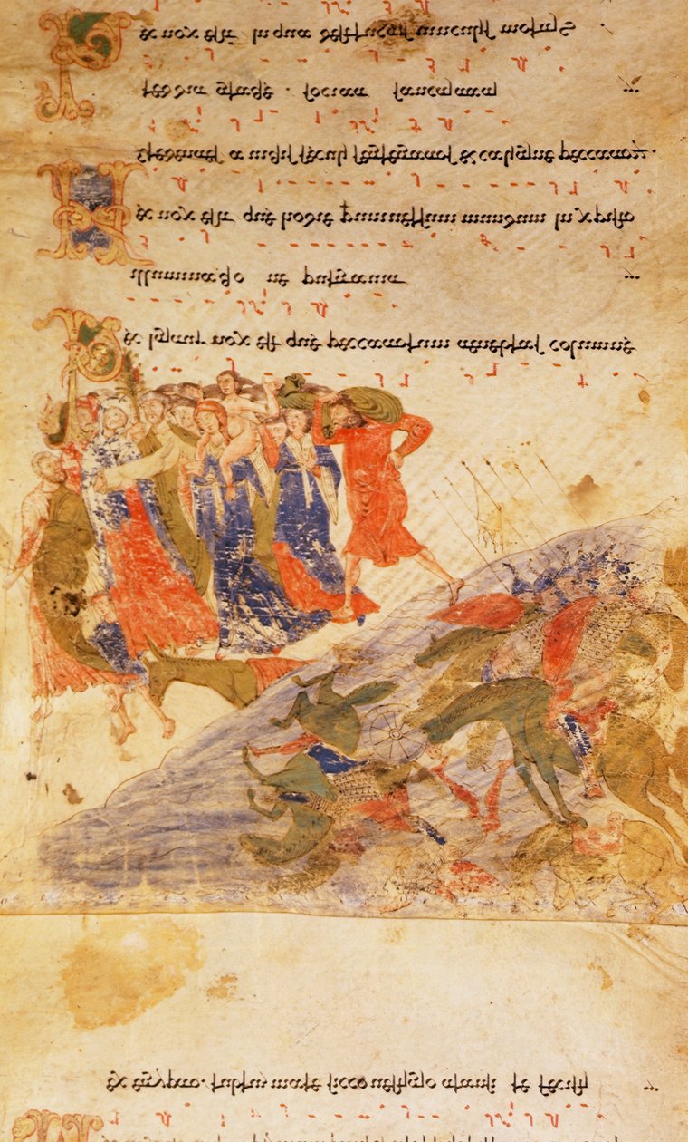 Israelilaiset ylittämässä Punaista merta, Exultet Rollista, n. 1072 (vellum) tekijältä Italian School